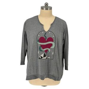 Torrid Sweatshirt Grey Snake Heart Graphic Split Neck 3/4 Sleeve Size 3